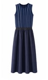Lacivert Çizgili Çift Parça Görünümlü & Denim Midi Elbise