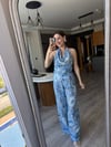 Mavi Desenli Sırt Dekolteli Bluz