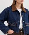 Mavi Kadife Yakalı Nakışlı Cep Detaylı & Premium Denim Kot Ceket