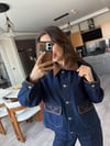 Mavi Kadife Yakalı Nakışlı Cep Detaylı & Premium Denim Kot Ceket