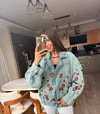 Mavi Pullu Çiçek İşlemeli Denim Ceket