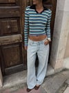Kadın Yesil&siyah&mavi çizgili V yaka standart kol uzun kol slim fit ribana doku Triko Kazak; Günlük, Sonbahar ve kış İçin