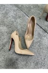Bej Rugan Altı Kırmızı 12 cm Klasik Topuklu Stiletto Ayakkabı