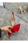 Bej Rugan Altı Kırmızı 12 cm Klasik Topuklu Stiletto Ayakkabı