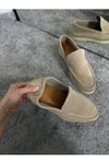 Bej Süet Hakiki Deri Kadın Makosen Loafer Ayakkabı