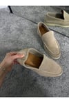 Bej Süet Hakiki Deri Kadın Makosen Loafer Ayakkabı