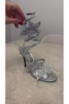 Gümüş Kristal Çiçek Desenli Bilekten Dolamalı Taş Detaylı Topuklu Ayakkabı
