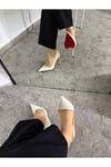Kadın Krem Rugan Tabanı Kırmızı Topuklu Stiletto Model Klasik Topuklu Ayakkabı
