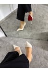 Kadın Krem Rugan Tabanı Kırmızı Topuklu Stiletto Model Klasik Topuklu Ayakkabı