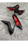 Kadın Siyah Rugan Tabanı Kırmızı Topuklu Stiletto Model Klasik Topuklu Ayakkabı