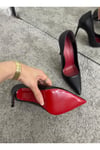 Siyah Kadın Tabanı Kırmızı Stiletto Model Klasik Topuklu Ayakkabı