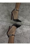 Siyah Rugan Kadın Bilekten Bantlı 12 cm Topuklu Ayakkabı - Stiletto