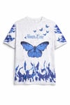 Asit Yıkamalı Oversize Tişört Mavi Kelebek Baskılı Dijital Print Bisiklet Yaka Streetwear T-Shirt - Beyaz