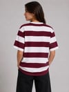 Çizgili Oversize Tişört Bisiklet Yaka Kısa Kol Yazlık T-Shirt - Bordo