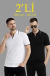 Erkek 2’li Paket Triko Yakalı Düğmesiz Açık Yaka Fitilli Kısa Kollu Regular Fit Tişört - Beyaz - Siyah