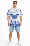 Erkek Asit Yıkamalı Oversize Tişört Mavi Kelebek Baskılı Dijital Print Bisiklet Yaka Streetwear T-Shirt - Beyaz