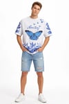 Erkek Asit Yıkamalı Oversize Tişört Mavi Kelebek Baskılı Dijital Print Bisiklet Yaka Streetwear T-Shirt - Beyaz