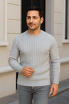 Erkek Bisiklet Yuvarlak Yaka Triko Kazak Pamuklu Kalın Fitilli Dokuma, Regular Fit Uzun Kollu Kışlık Model - Gri