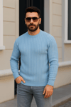 Erkek Bisiklet Yuvarlak Yaka Triko Kazak Pamuklu Kalın Fitilli Dokuma, Regular Fit Uzun Kollu Kışlık Model - Bebe Mavisi