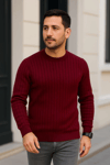 Erkek Bisiklet Yuvarlak Yaka Triko Kazak Pamuklu Kalın Fitilli Dokuma, Regular Fit Uzun Kollu Kışlık Model - Bordo