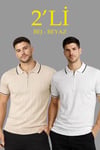 Erkek Dokuma Triko Tişört Fermuar Yakalı Yazlık Kısa Kol T-Shirt 2’li Set Bej-Beyaz