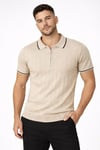 Erkek Fermuarlı Yaka Fitilli Triko Kısa Kollu Regular Fit Tişört T-shirt - Bej