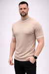 Erkek Fitilli Triko Dokuma Kısa Kol Tişört Yarım Boğaz Modern Yazlık T-Shirt - Bej