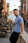 Erkek Fitilli Triko Dokuma Kısa Kol Tişört Yarım Boğaz Modern Yazlık T-Shirt - Bebe Mavisi