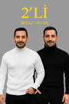 Erkek Fitilli Triko Kazak 2li Set Beyaz Siyah Regular Balıkcı Yaka Tam Boğazlı Triko Seti Modeli Kazak