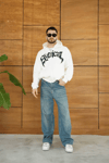 Erkek Kapüşonlu Sweatshirt Hoodie 3 İplik Şardonlu Pamuklu Kumaş, Önü Baskılı, Fermuarlı Rahat Kalıp, Kışlık Ve Sokak Stili Sweat - Beyaz