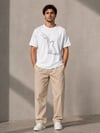 Erkek Minimal Kedi Çizim Baskılı Tişört Kısa Kol Yazlık T-Shirt - Beyaz