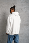 Erkek Oversize Kapüşonlu Sweatshirt – Beyaz Renk Üç İplik İçi Pamuklu Kanguru Cepli Baskılı Hoodie Rahat Kalıp Kışlık Günlük Kombinlere Uygun - Beyaz