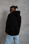 Erkek Oversize Kapüşonlu Sweatshirt – Siyah Renk Üç İplik İçi Pamuklu Kanguru Cepli Baskılı Hoodie Rahat Kalıp Kışlık Günlük Kombinlere Uygun - Siyah