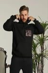Erkek Oversize Üç İplik Kapüşonlu Sweatshirt –Sırt Ve Ön Baskılı, Kanguru Cepli, Rahat Kalıp Maskot Desenli Model - Siyah