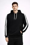 Erkek Şeritli Kapüşonlu Sweatshirt Oversize 3 Iplik Pamuklu - Siyah