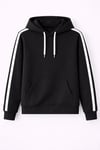Erkek Şeritli Kapüşonlu Sweatshirt Oversize 3 Iplik Pamuklu - Siyah