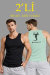 Erkek Spor Fitilli Atlet 2li Set Siyah Ve Mint Yeşili Slim Fit Kaşkorse Arka Baskılı Spor Atlet