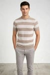 Erkek T-shirt Çizgili Triko Dokuma Bisiklet Yaka Tişört - Bej