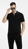 Erkek Triko Kumaş Yakalı Düğmesiz Açık Yaka Fitilli Kısa Kollu Regular Fit Tişört T-shirt - Siyah
