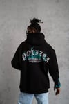 Erkek Üç İplik İçi Pamuklu Alev Baskılı Kapüşonlu Sweatshirt - Siyah