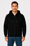 Erkek Üç İplik Kapüşonlu Tam Fermuarlı Kanguru Çepli SweatShirt Hoodie - Siyah