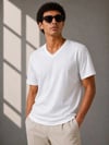 Erkek V Yaka Basic Tişört Kısa Kol Yazlık Regular Fit T-Shirt - Beyaz