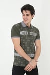 Erkek Yakalı Slim Fit Baskılı T-Shirt - Haki