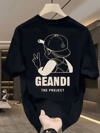 Geniş Kesim Pamuklu Tişört - GANDHI The Project Baskılı, Siyah, Rahat Kesim, Kısa Kollu, Günlük Kıyafet, Her Gün Giyilebilecek Tişört- Siyah