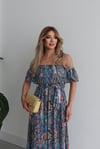 Kadın Kısa Kollu Madonna Yaka Fırfırlı Belden Yırtmaçlı Maksi Süprem Elbise