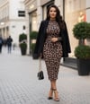 Kadın Uzun Kollu Balıkçı Yaka Leopar Desenli Midi Boy Elbise