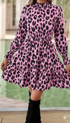 Kadın Uzun Kollu Yarı Balıkçı Yaka Leopar Desenli Modal Mini Elbise