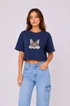 Kedi Baskılı Oversize Crop Tişört Salaş Basic Yarım Kol T-shirt - Lacivert