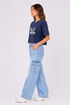 Kedi Baskılı Oversize Crop Tişört Salaş Basic Yarım Kol T-shirt - Lacivert