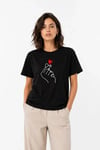 Kore Parmak Kalp Aşk Temalı Minimal Baskılı Tişört Yazlık Kısa Kol T-Shirt - Siyah